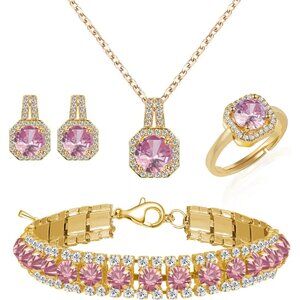 👑Women Classic Fashion Pendant Necklace Earrings Ring Gold Pink Jewelry Set